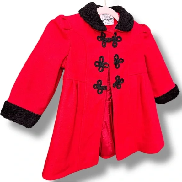Rothschild Red Pea Coat for Girls with Black Details
